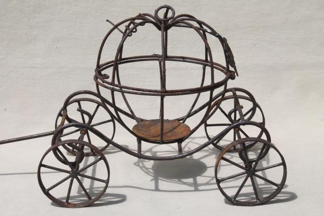 photo of rusty rustic metal wire Cinderella pumpkin coach, enchanted garden ornament decor #6