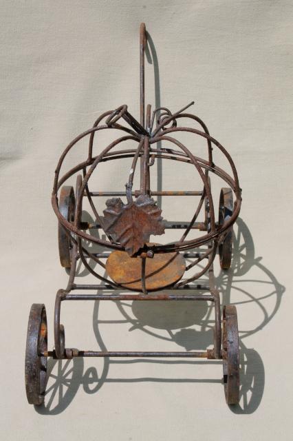 photo of rusty rustic metal wire Cinderella pumpkin coach, enchanted garden ornament decor #9