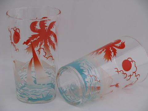 photo of sailboats and palm tree beach swanky swigs vintage glass pitcher and tumblers #1