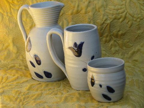 photo of salt glazed Williamsburg pottery lot, cobalt blue tulip pattern #1