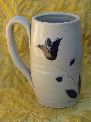 photo of salt glazed Williamsburg pottery lot, cobalt blue tulip pattern #3