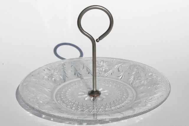 photo of sandwich pattern vintage depression glass serving tray cake plate w/ center handle #1