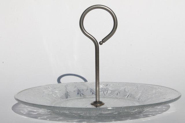 photo of sandwich pattern vintage depression glass serving tray cake plate w/ center handle #2