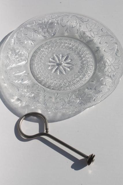 photo of sandwich pattern vintage depression glass serving tray cake plate w/ center handle #6