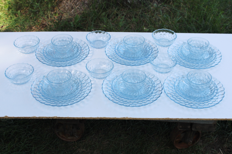 photo of sapphire blue depression glass dishes set for six Anchor Hocking bubble pattern #1