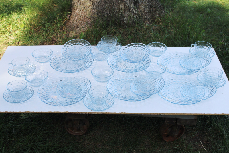 photo of sapphire blue depression glass dishes set for six Anchor Hocking bubble pattern #3