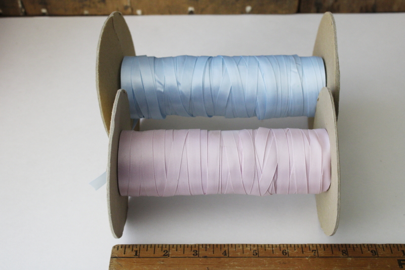 photo of satin ribbon lot, two big old spools lavender pink & baby blue, vintage ribbon for gift wrap package ties or sewing trim  #1