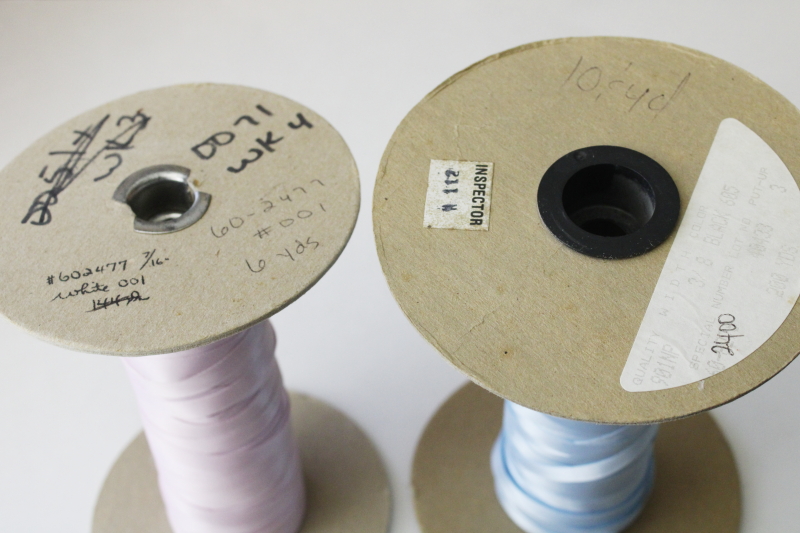 photo of satin ribbon lot, two big old spools lavender pink & baby blue, vintage ribbon for gift wrap package ties or sewing trim  #2