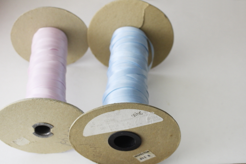 photo of satin ribbon lot, two big old spools lavender pink & baby blue, vintage ribbon for gift wrap package ties or sewing trim  #5