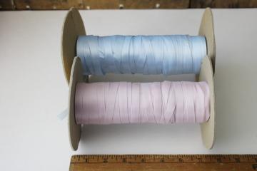 satin ribbon lot, two big old spools lavender pink & baby blue, vintage ribbon for gift wrap package ties or sewing trim 