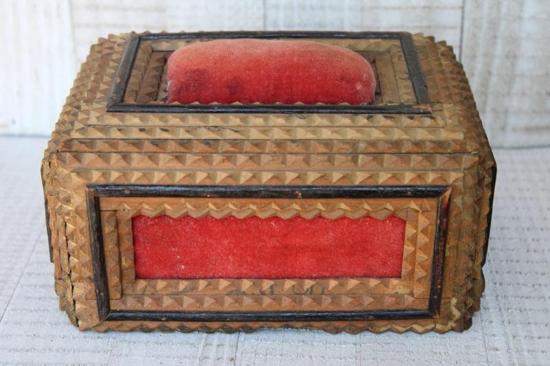 photo of sawtooth carving hand carved wood pincushion 'box' vintage primitive tramp art style #1