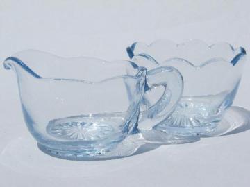 catalog photo of scallop edged small cream & sugar set, old pale blue elegant glass