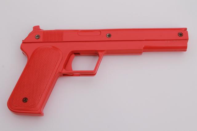 photo of sci-fi style vintage red plastic rubber band shooters, toy guns pair of pistols #5