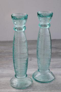 catalog photo of sea glass green candle holders, vintage Vetreria Etrusca Italy, tall bottle candlesticks