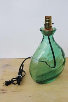 catalog photo of sea green tinted glass lamp, recycled glass wine bottle modern boho decor