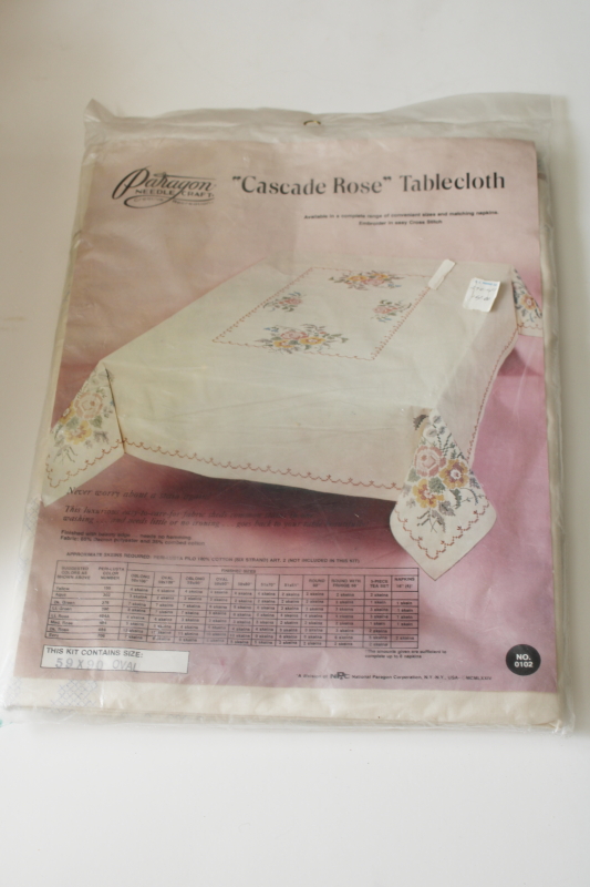 photo of sealed Paragon cross stitch embroidery large oval dinner tablecloth ivory blend w/ stamped design to embroider  #1