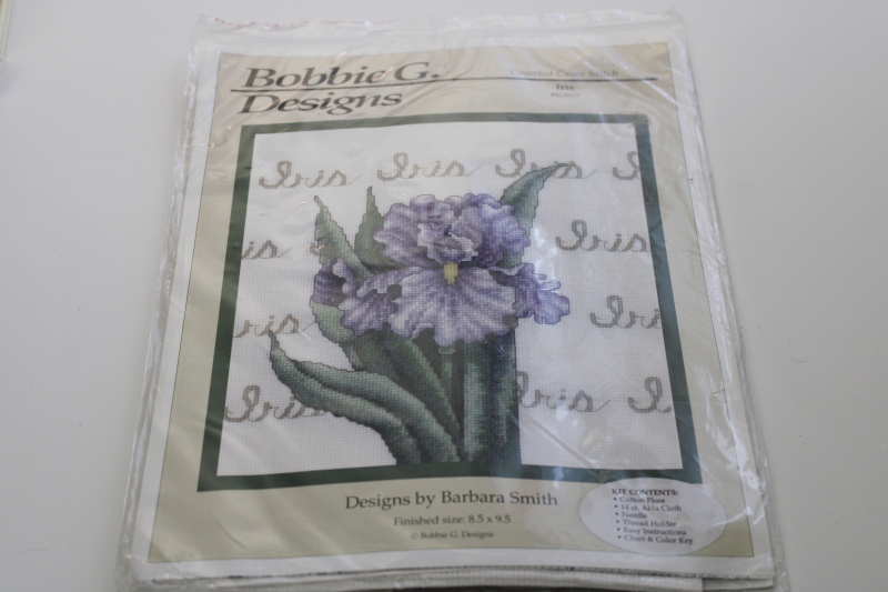 photo of sealed counted cross stitch kit, iris flower chart, fabric, embroidery floss #1