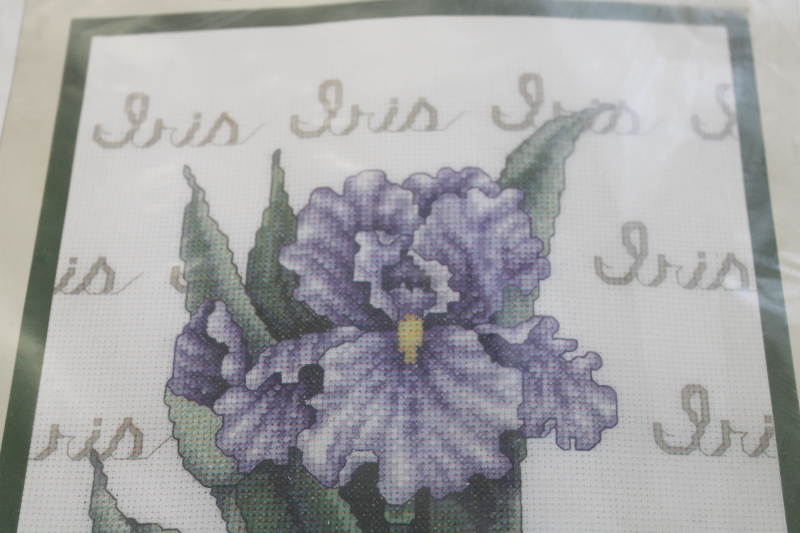 photo of sealed counted cross stitch kit, iris flower chart, fabric, embroidery floss #4