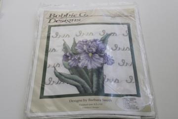 catalog photo of sealed counted cross stitch kit, iris flower chart, fabric, embroidery floss