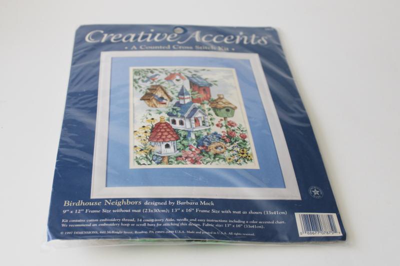 photo of sealed needlework kit fabric & embroidery floss, counted cross-stitch birdhouses #1