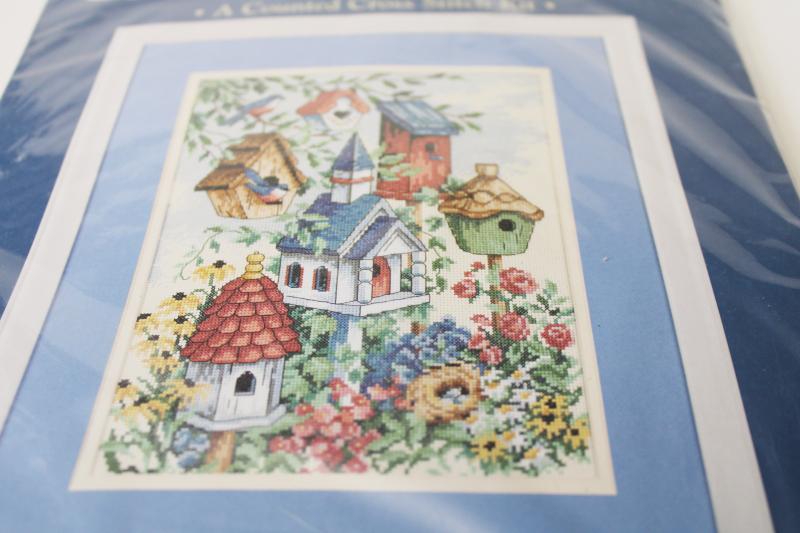 photo of sealed needlework kit fabric & embroidery floss, counted cross-stitch birdhouses #3