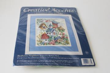 catalog photo of sealed needlework kit fabric & embroidery floss, counted cross-stitch birdhouses