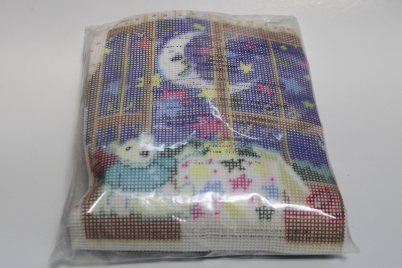 photo of sealed needlework kit, yarns & needlepoint canvas teddy bear starry sky w/ moon #1