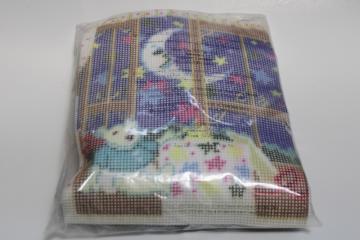 catalog photo of sealed needlework kit, yarns & needlepoint canvas teddy bear starry sky w/ moon