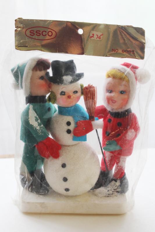 photo of sealed package vintage Japan Christmas decoration flocked plastic snowman, boy & girl #1