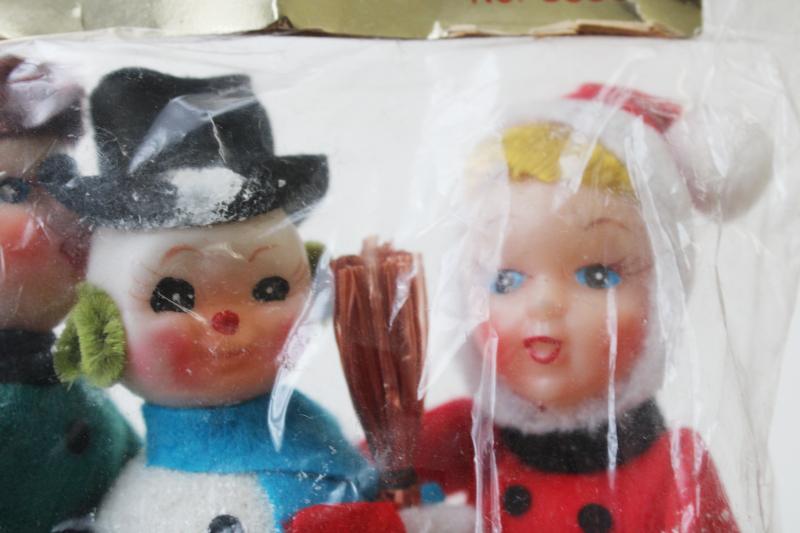 photo of sealed package vintage Japan Christmas decoration flocked plastic snowman, boy & girl #3