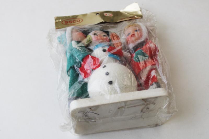 photo of sealed package vintage Japan Christmas decoration flocked plastic snowman, boy & girl #4