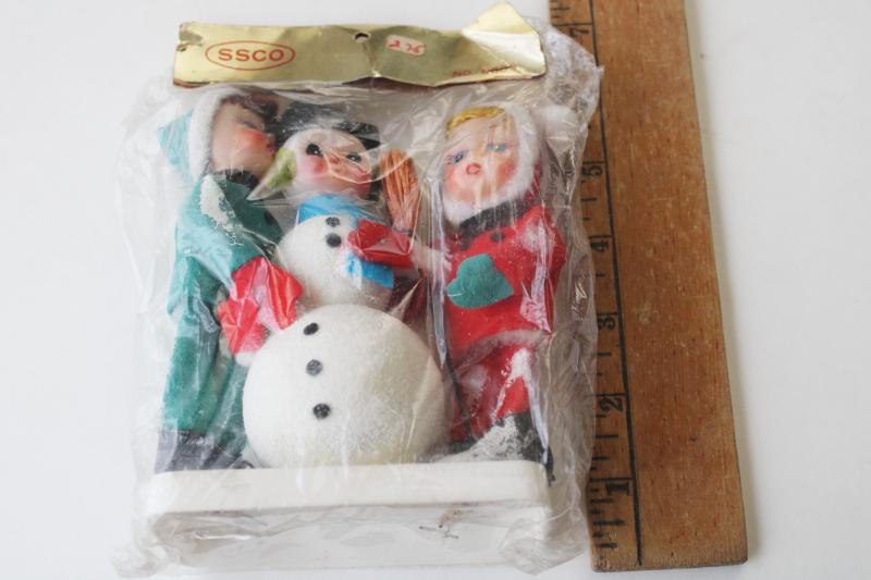 photo of sealed package vintage Japan Christmas decoration flocked plastic snowman, boy & girl #9