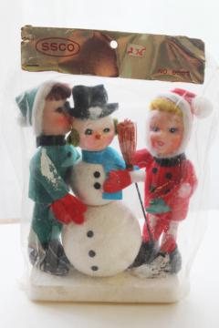 catalog photo of sealed package vintage Japan Christmas decoration flocked plastic snowman, boy & girl