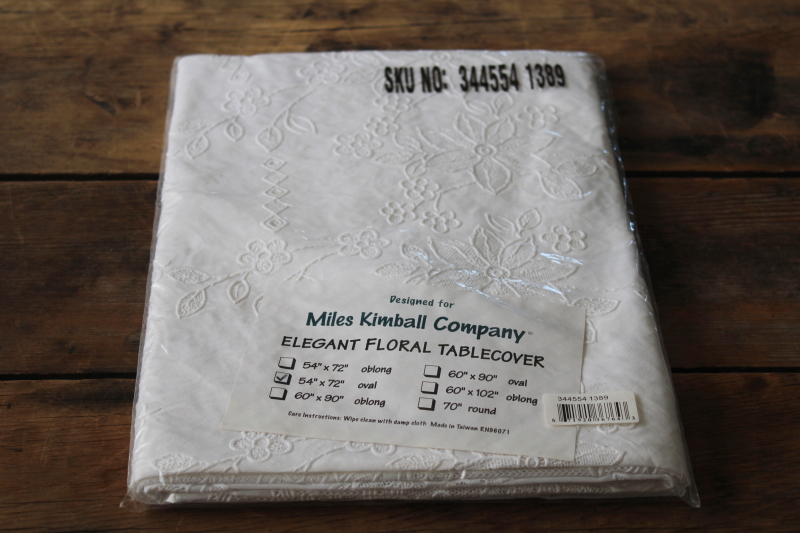 photo of sealed package vintage Miles Kimball vinyl plastic lace tablecloth pure white oval 54 x 72 #1