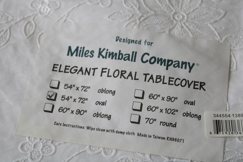 photo of sealed package vintage Miles Kimball vinyl plastic lace tablecloth pure white oval 54 x 72 #2