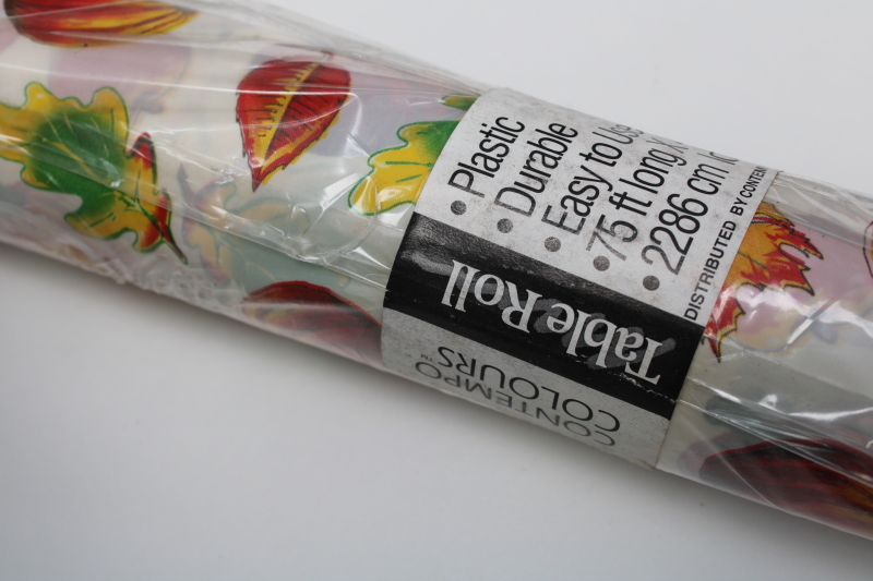 photo of sealed roll vintage plastic table cover, autumn leaves fall print 75 feet party or show tablecloth  #3