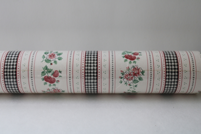 photo of sealed roll vintage wallpaper, black & white gingham stripe ribbon w/ pink berries, cute cottagecore #1