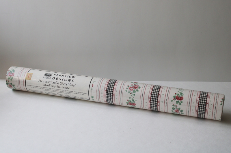 photo of sealed roll vintage wallpaper, black & white gingham stripe ribbon w/ pink berries, cute cottagecore  #2
