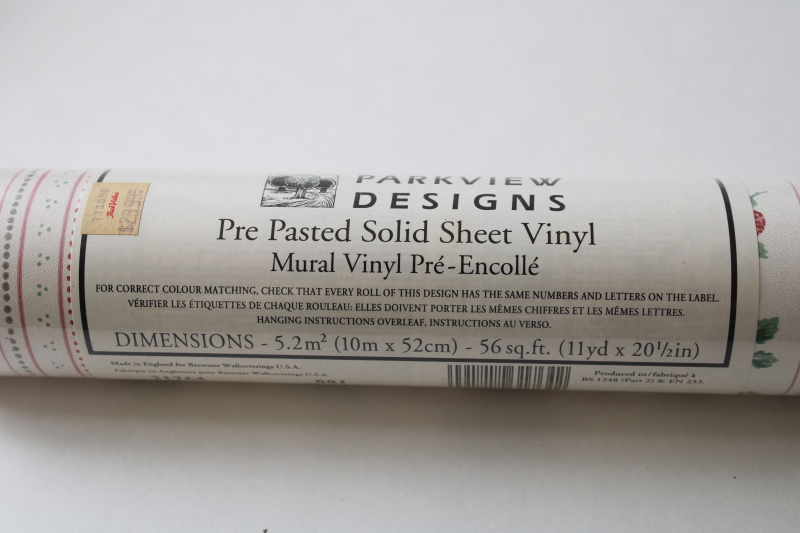 photo of sealed roll vintage wallpaper, black & white gingham stripe ribbon w/ pink berries, cute cottagecore  #3