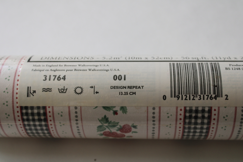 photo of sealed roll vintage wallpaper, black & white gingham stripe ribbon w/ pink berries, cute cottagecore  #4