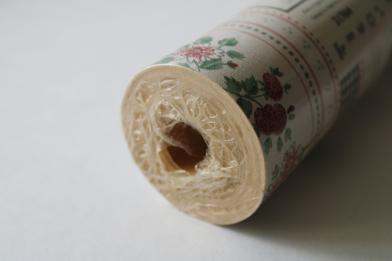 photo of sealed roll vintage wallpaper, black & white gingham stripe ribbon w/ pink berries, cute cottagecore  #5
