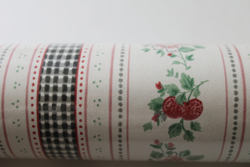 photo of sealed roll vintage wallpaper, black & white gingham stripe ribbon w/ pink berries, cute cottagecore  #6