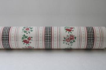 sealed roll vintage wallpaper, black & white gingham stripe ribbon w/ pink berries, cute cottagecore 