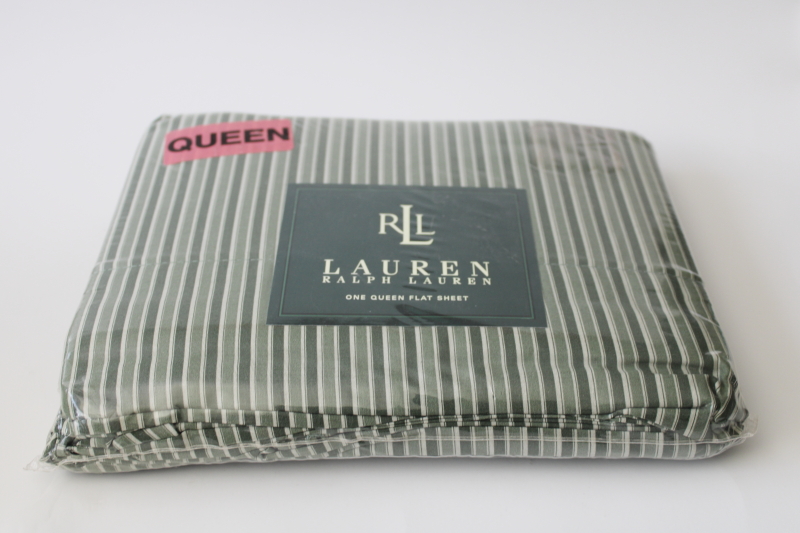 photo of sealed vintage Ralph Lauren Stowe striped green cotton queen flat sheet #1