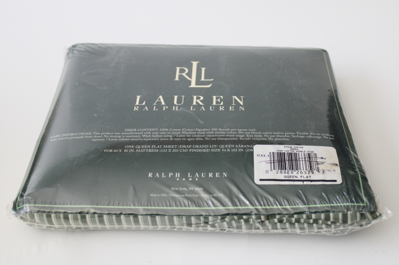 photo of sealed vintage Ralph Lauren Stowe striped green cotton queen flat sheet #2