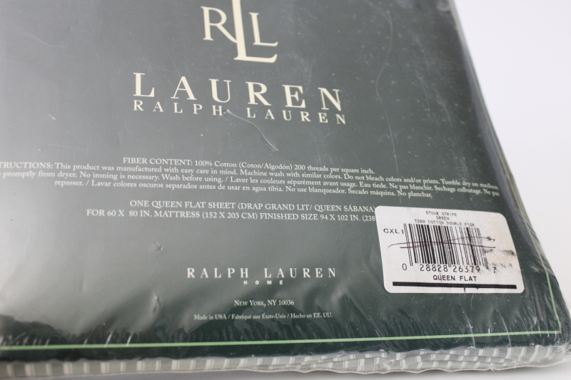 photo of sealed vintage Ralph Lauren Stowe striped green cotton queen flat sheet #3