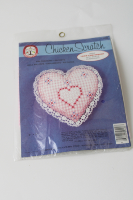 photo of sealed vintage craft kit, chicken scratch cross stitch embroidery pink gingham heart  #1