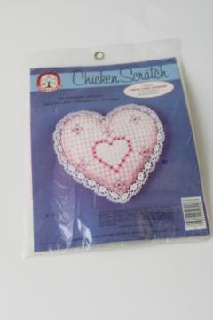 catalog photo of sealed vintage craft kit, chicken scratch cross stitch embroidery pink gingham heart 