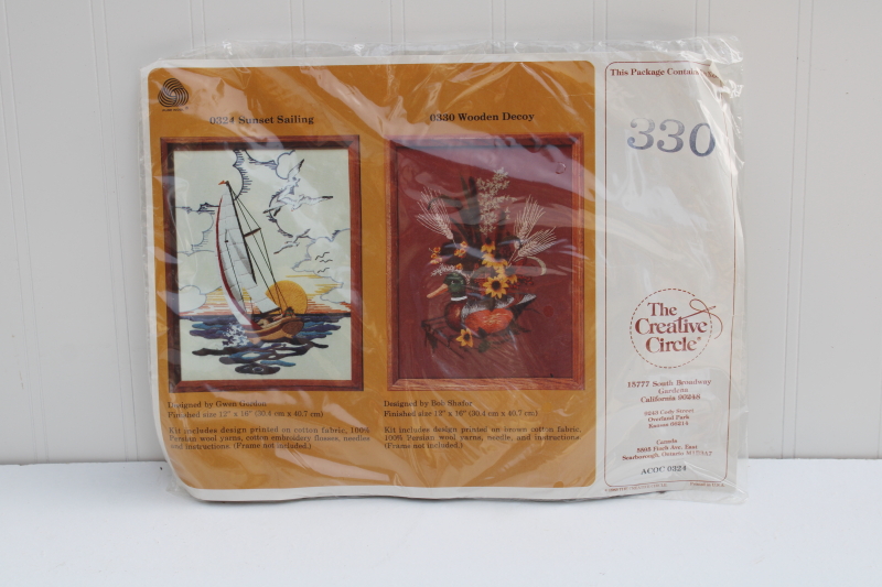 photo of sealed vintage crewel embroidery kit, duck decoy stamped design on brown cotton and all wool yarn #2