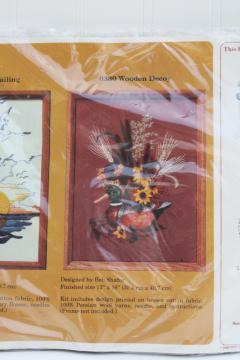 catalog photo of sealed vintage crewel embroidery kit, duck decoy stamped design on brown cotton and all wool yarn